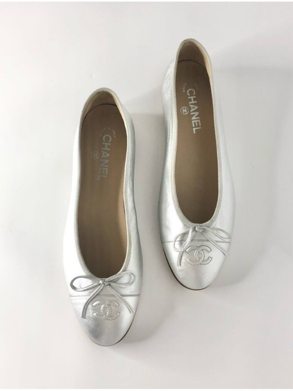 Chanel Interlocking CC Logo Silver Cap Toe Ballerina Flats